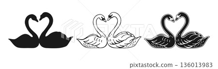 Swans Hand Drawn Sketch Doodle Or Silhouette Style Set Romantic Wedding Symbol Love Couple Of Birds 136013983