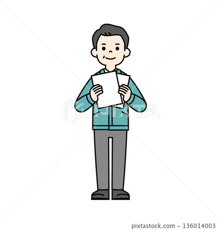 一位五六十歲的商人或經理身著工作服,手持一份白色文件,全身向量插圖。 一位五六十歲的商人或經理身著工作服,手持一份白色文件,全身向量插圖。 136014003