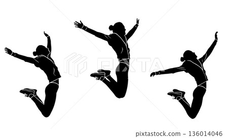 身穿連帽衫的女性跳躍剪影。一組充滿活力的姿勢向量插圖。 身穿連帽衫的女性跳躍剪影。一組充滿活力的姿勢向量插圖。 136014046