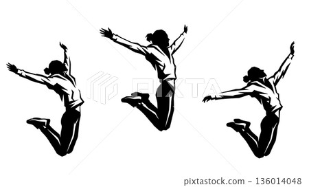 身穿連帽衫的女性跳躍剪影。一組充滿活力的姿勢向量插圖。 身穿連帽衫的女性跳躍剪影。一組充滿活力的姿勢向量插圖。 136014048