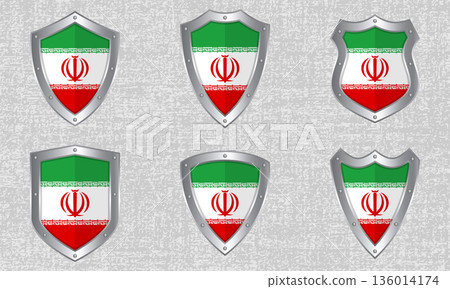 Set of metal shields with the Iranian flag 136014174
