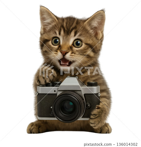 A cute illustration of a brown tabby kitten holding a camera, expressing the joy of taking photos 136014302