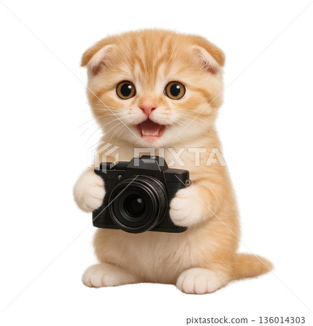 A white-brown kitten holding a camera - A gentle illustration of a cat cherishing memories 136014303