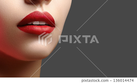 CloseUp Glossy Red Lips With Glitter, StudioLit Portrait Showing Sensual Pout, Smooth Skin Texture, Shimmering Pigment On Lower Lip, Subtle Shadow On Chin, Neutral Grey Background, Beauty Campaign CloseUp Glossy Red Lips With Glitter, StudioLit Portrait Showing Sensual Pout, Smooth Skin Texture, Shimmering Pigment On Lower Lip, Subtle Shadow On Chin, Neutral Grey Background, Beauty Campaign 136014474