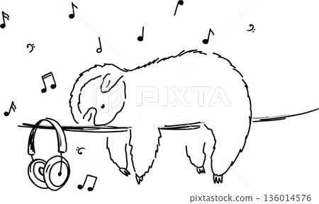 Cute sleeping sloth doodle illustration. Baby sloth listening to the music, headphones Cute sleeping sloth doodle illustration. Baby sloth listening to the music, headphones 136014576
