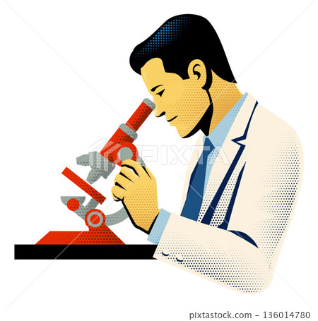 Retro Scientist Using Microscope Illustration 136014780