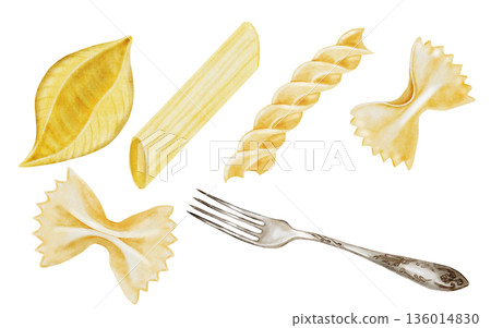 Pasta watercolor big set. Hand drawn different italian macaroni and fork on white background. Food clip art. Ideal for pasta packaging, restaurant menus and posters 136014830