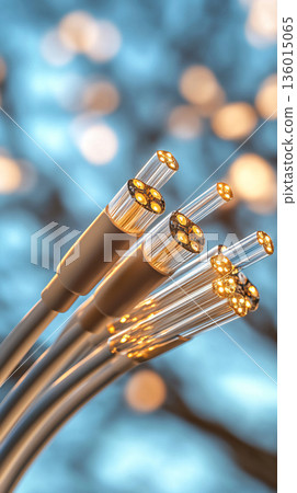Bundle of optical fibers with lights in the ends. An abstract image features dynamic energy waves. AI Generated. 136015065