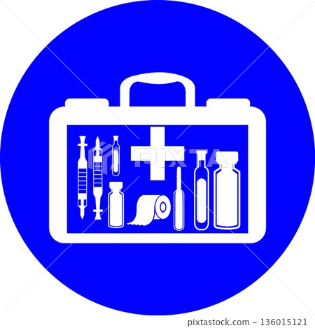 First Aid Kit Silhouette on Blue Circular Background Featuring Medical Supplies Including Syringes Vials Adhesive Tape and Plus Symbol for Healthcare Emergency and Hospital Equipment 136015121