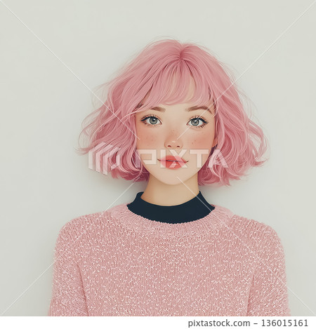 艾米系列：一位留著粉紅色波波頭的年輕女子 | 簡潔明快的側面肖像插畫 136015161