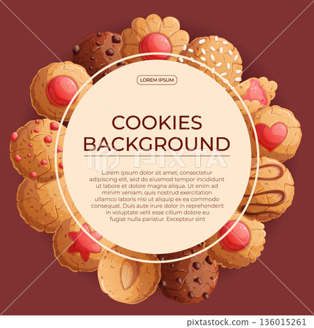 Colorful background with delicious cookies. The concept of confectionery, baking, cooking. Vector illustration for the design of posters, flyers, postcards, invitations 136015261