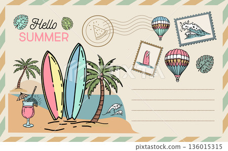 Hello summer, card, Postcard, mail, hand drawn illustrations. Hello summer, card, Postcard, mail, hand drawn illustrations. 136015315