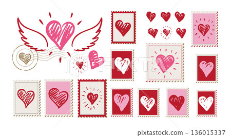 Collection Stamps of Hand-Drawn Valentine's Day Heart 136015337