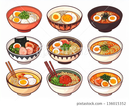 An illustration set of 9 different types of ramen and noodle dishes An illustration set of 9 different types of ramen and noodle dishes 136015352