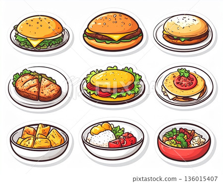 一組描繪各種漢堡和國際美食的插圖 136015407