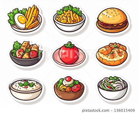 Illustration set of a variety of hamburgers and international cuisine 136015409