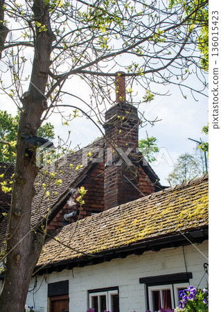 倫敦郊區伊斯特科特莊園，一座歷史悠久的紅磚建築，屋頂上長滿了青苔。 136015423