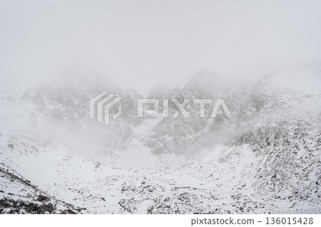 Foggy Snowy Mountain Landscape in Winter, Slovakia. 136015428