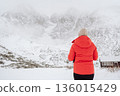 Person Standing in Snowy Mountains During Winter Fog. 136015429