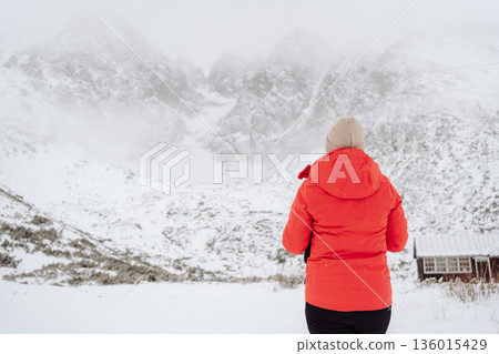 Person Standing in Snowy Mountains During Winter Fog. Person Standing in Snowy Mountains During Winter Fog. 136015429