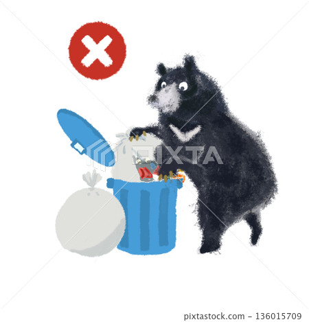 Warning illustration of a bear robbing a trash can | No trash disposal, etiquette awareness, red cross mark 136015709