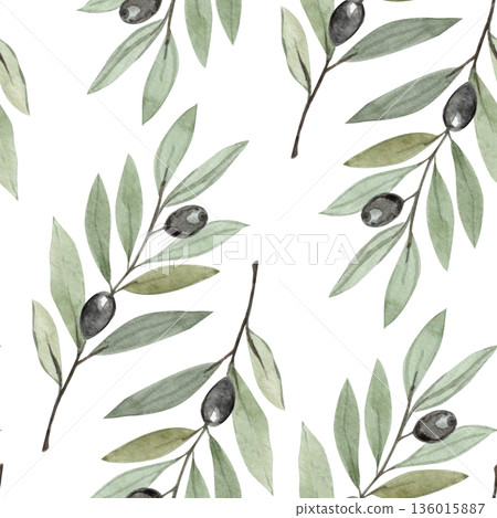 Seamless olive branch pattern in soft watercolor style on white background. Perfect for Lent, Palm Sunday, calm religious design for church materials, invitations, posters, faith-based print projects Seamless olive branch pattern in soft watercolor style on white background. Perfect for Lent, Palm Sunday, calm religious design for church materials, invitations, posters, faith-based print projects 136015887