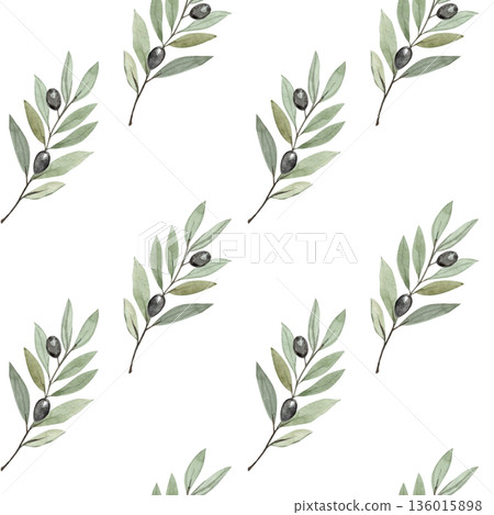 Seamless olive branch pattern in soft watercolor style on white background. Perfect for Lent, Palm Sunday, calm religious design for church materials, invitations, posters, faith-based print projects 136015898