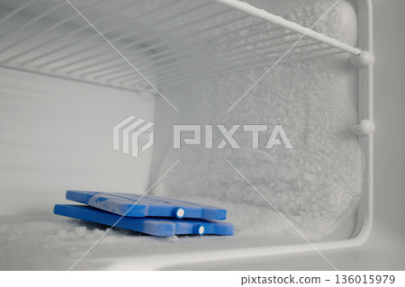 Icy Freezer Shelf with Ice Packs and Frost Buildup 136015979