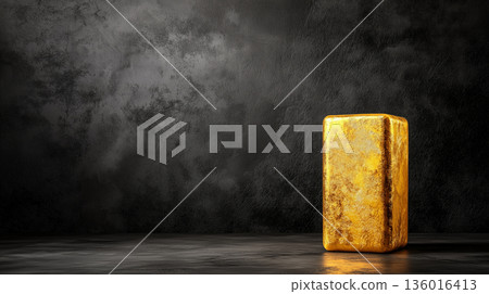Shiny gold ingot on textured black background for economic, industrial, and finance concepts 136016413