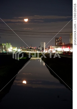 The moon reflected on the river at dusk The moon reflected on the river at dusk 136016416