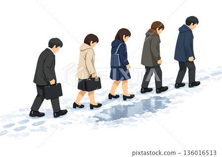 People walking in a line on a snowy road to work or school - Generative AI People walking in a line on a snowy road to work or school - Generative AI 136016513