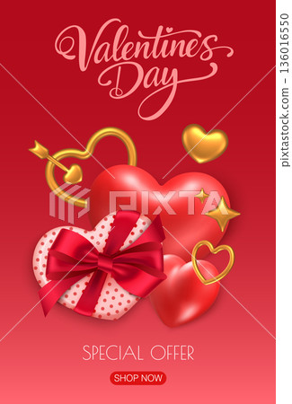 Valentines Day Sale Poster with 3D Hearts Valentines Day Sale Poster with 3D Hearts 136016550