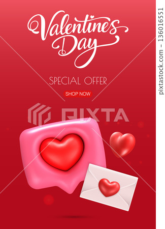 Valentines Day Sale Poster with 3D Hearts 136016551