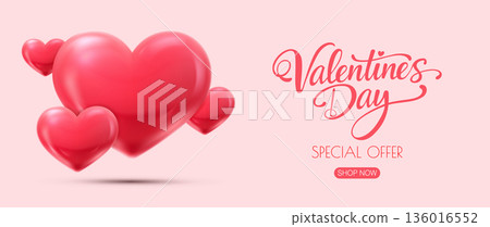 Valentines Day Sale Banner with 3D Hearts 136016552