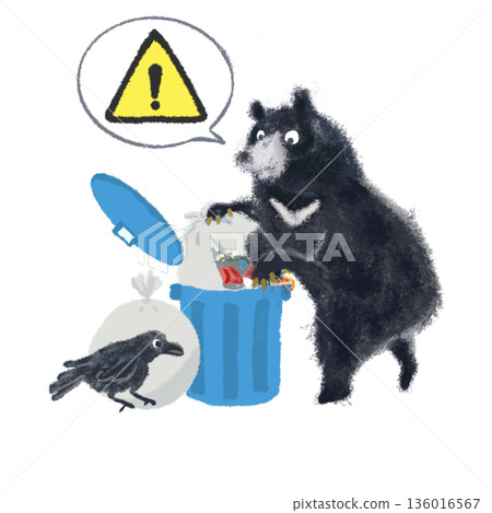 警示插圖:熊和烏鴉翻找垃圾桶 | 對話框、野生動物警告、黃色三角形標記 警示插圖:熊和烏鴉翻找垃圾桶 | 對話框、野生動物警告、黃色三角形標記 136016567