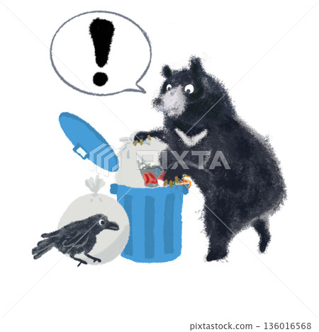 Warning illustration of bears and crows rummaging through trash cans | Speech bubbles, wild animal sighting warning, exclamation marks Warning illustration of bears and crows rummaging through trash cans | Speech bubbles, wild animal sighting warning, exclamation marks 136016568