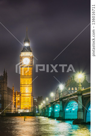 London: The River Thames and Elizabeth Tower (Big Ben) at night 136016711