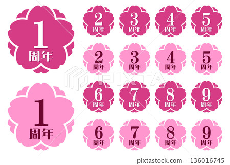 週年紀念標誌“1週年、2週年、3週年、4週年、5週年、6週年、7週年、8週年、9週年” 136016745