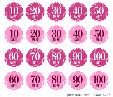 週年紀念標誌“10週年、20週年、30週年、40週年、50週年、60週年、70週年、80週年” 136016746