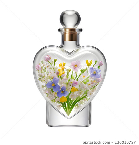 Heart Shaped Glass Bottle with Spring Wildflowers Heart Shaped Glass Bottle with Spring Wildflowers 136016757
