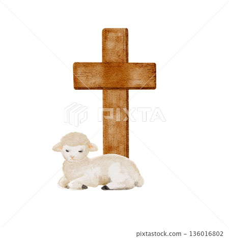Lamb resting near wooden cross watercolor illustration on white background, Christian Easter clip art for church materials, religious prints, faith-based design, and worship visuals.Soft natural tones 136016802