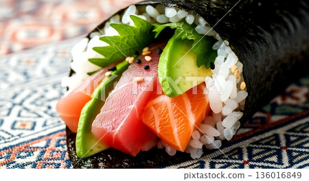 Vibrant Japanese style. a temaki handroll with its nori wrapper partially open, revealing a burst of colorful ingredients inside - pink fish, green avocado, rice Vibrant Japanese style. a temaki handroll with its nori wrapper partially open, revealing a burst of colorful ingredients inside - pink fish, green avocado, rice 136016849