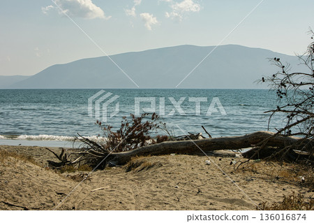 the sea under the mountain on a summer day Vlora, Albania, photographed on August 2025. 136016874