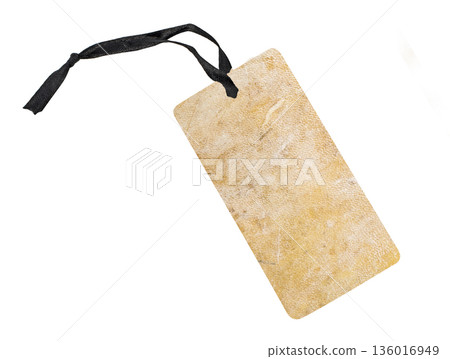 Vintage blank price tag hanging with black ribbon 136016949