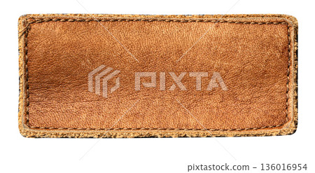 Blank brown leather tag with stitching texture 136016954