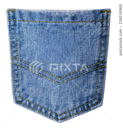 Blue denim jean back pocket isolated with yellow stitching 136016968