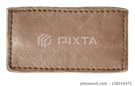 Blank brown leather patch with stitches on transparent background 136016975