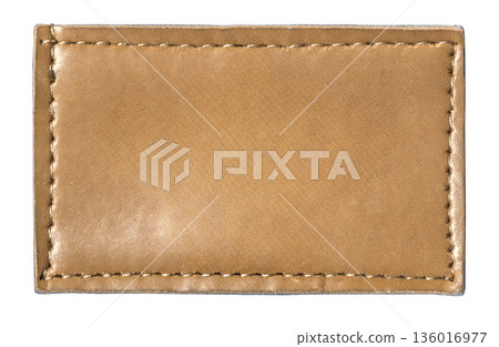 Blank brown leather tag with stitching, transparent background 136016977