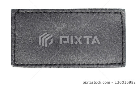 Blank black leather patch with stitching, transparent background 136016982