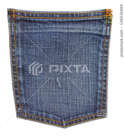 Blue jeans denim back pocket with yellow stitching Blue jeans denim back pocket with yellow stitching 136016984